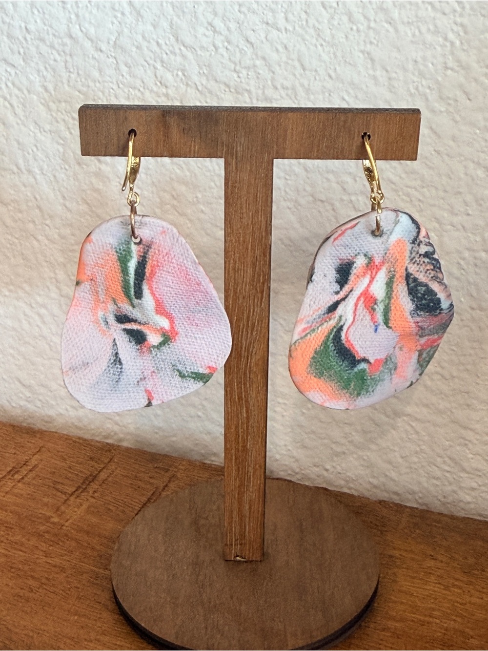 Handmade Marbled Pink & Green Fabric Drop Ceramic Earrings
